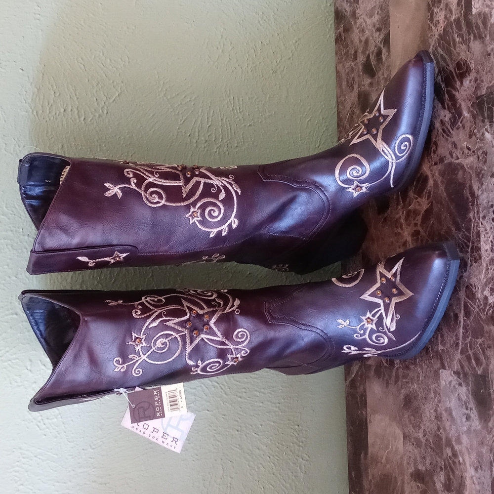 Roper Wear the West Star Dazzle Gold Thread Women's Ropers Sz 9 Brown Boots NWT